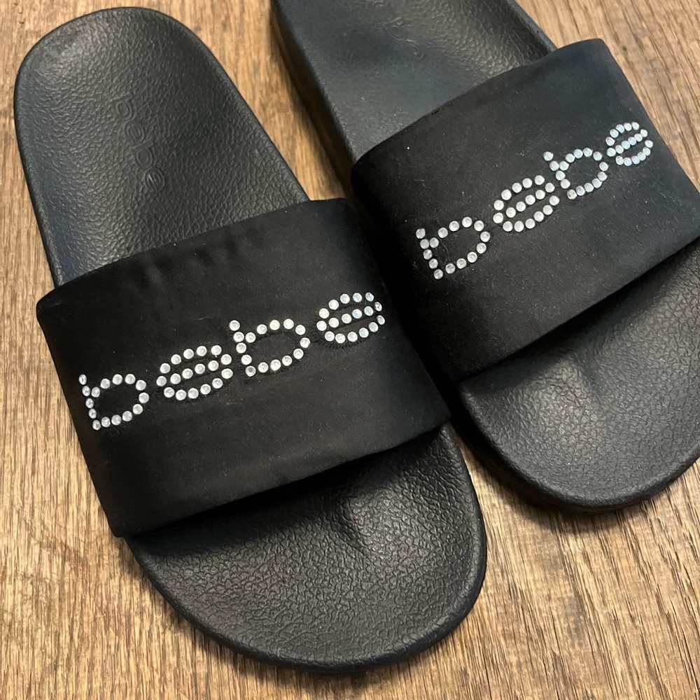 Bebe Black Slides with Sparkling Logo